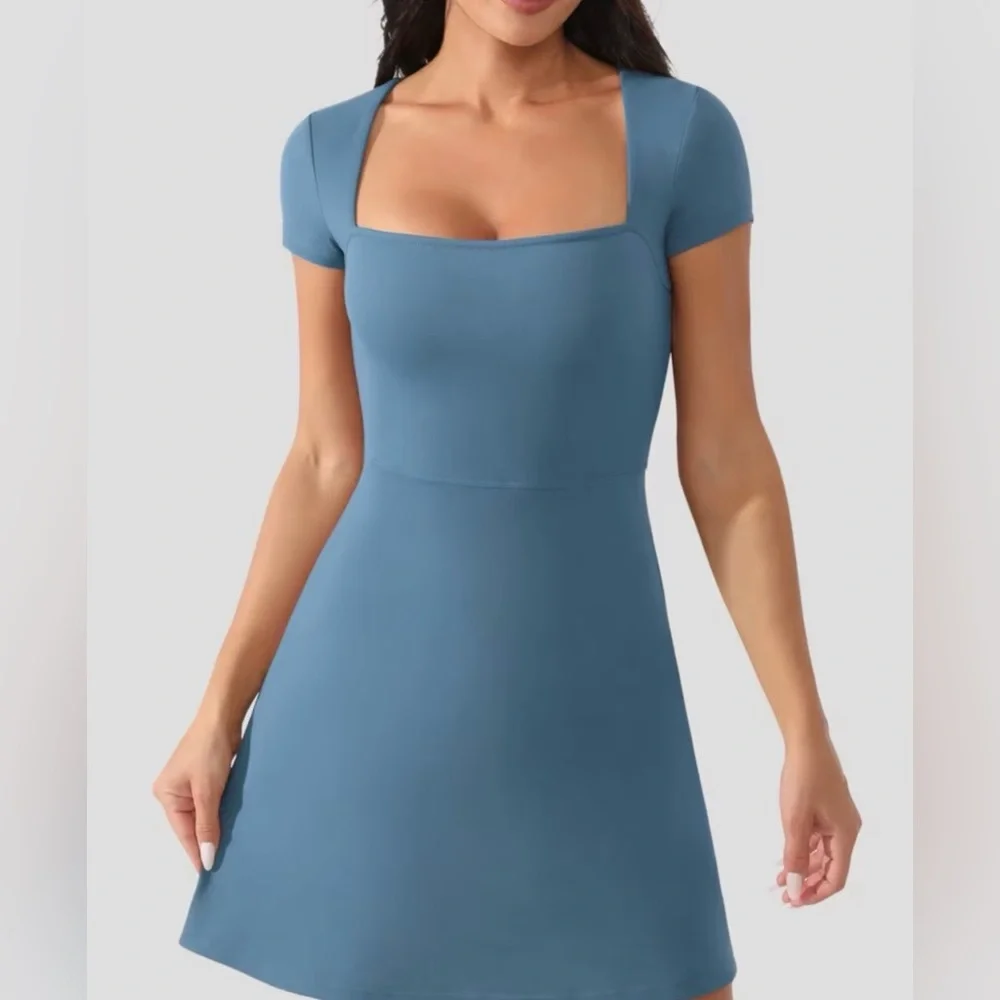 Medium Peacock Blue Women's Tennis Dress w/ pockets/ fitted/ skorts/ athletic - Picture 3 of 15